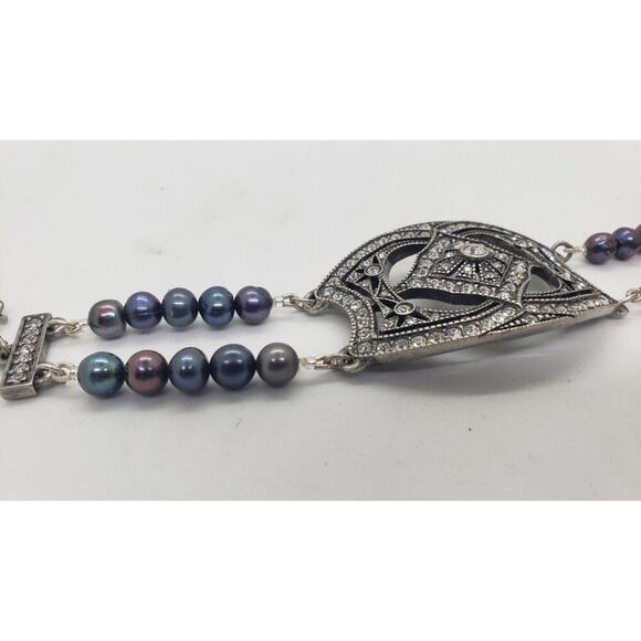 Haley Hill Bracelet Purple Gray Freshwater Pearl & Rhinestones Art Deco Signed - Picture 6 of 13